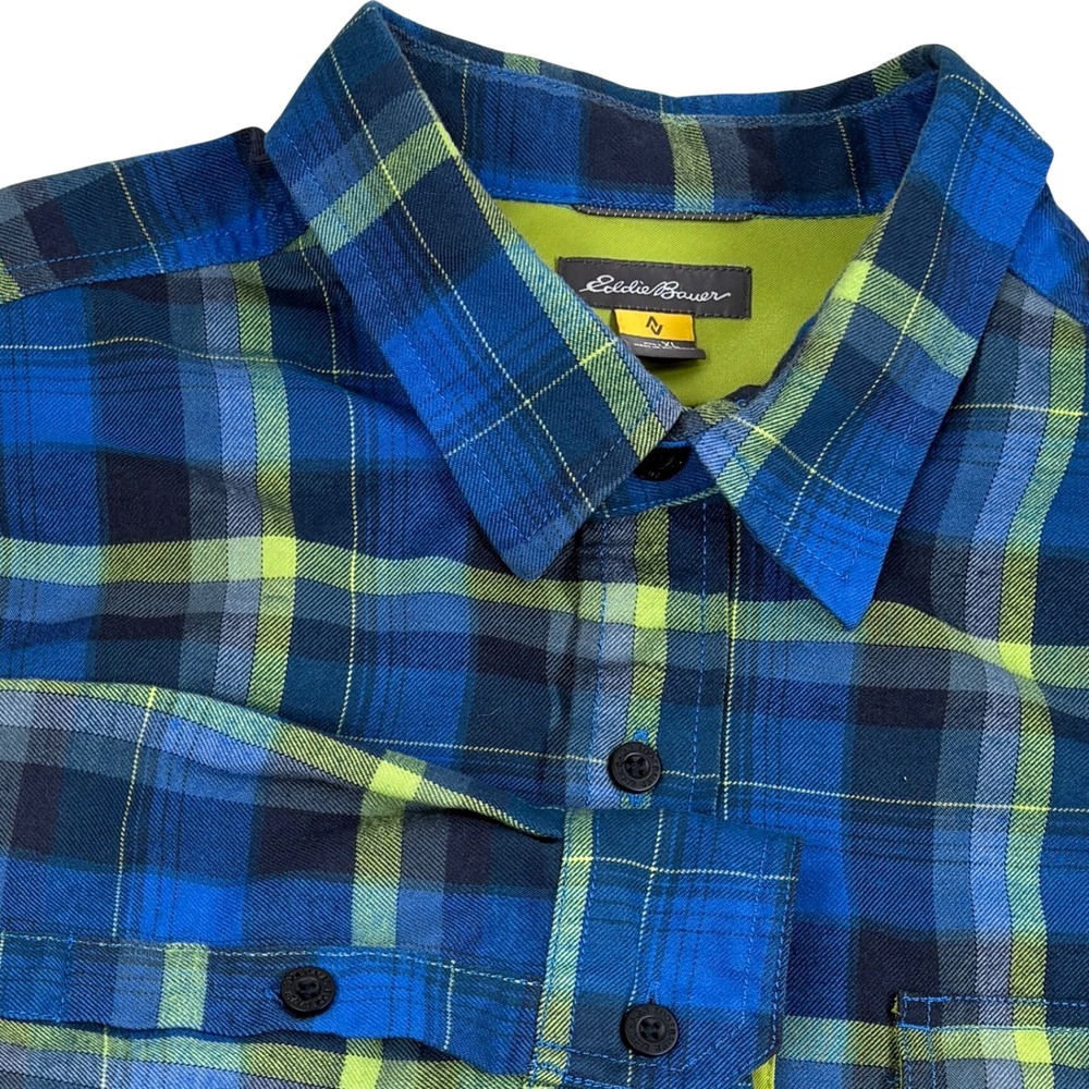 Eddie Bauer Travex Shirt Mens XL Blue Plaid Flannel Hiking Outdoor Trail